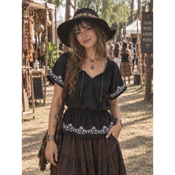 Ecologie Tops - Ecologie 100% Linen Peasant Top M Black Dark Boho Cottagecore Floral Embroidered